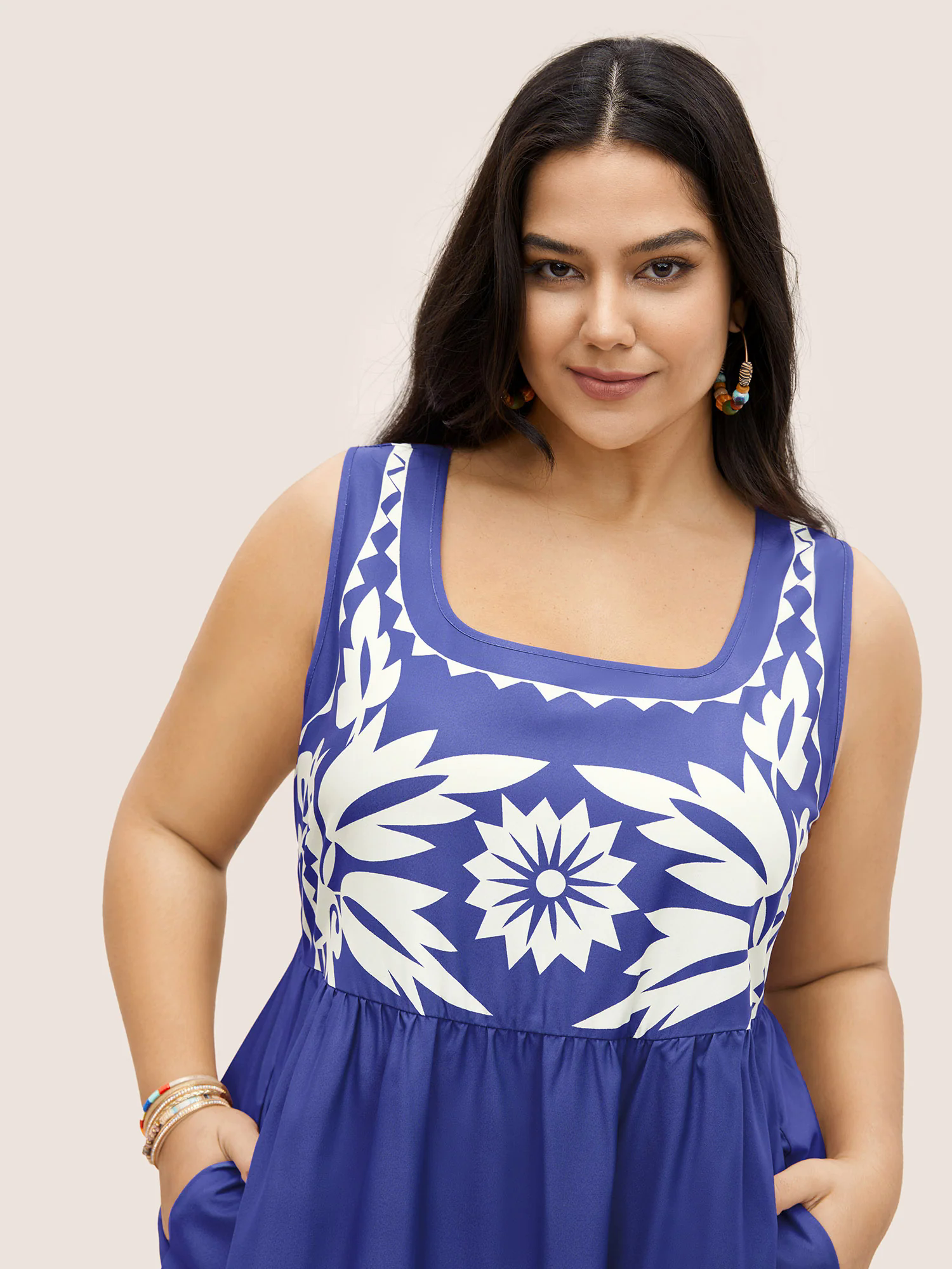 Boho Print Square Neck Elastic Waist Tank Dress Boho Print Square Neck Elastic Waist Tank Dress