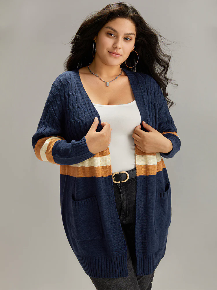 Cable Knit Colorblock Contrast Open Front Cardigan