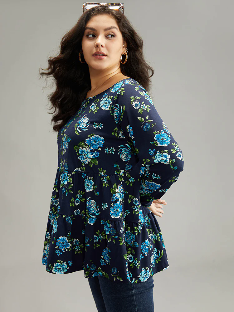 Floral Print Flutter Hem Gathered T-shirt Floral Print Flutter Hem Gathered T-shirt