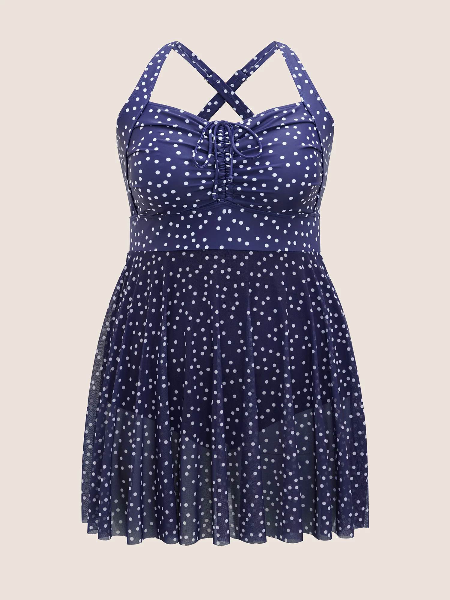 Polka Dot Drawstring Patchwork See Through Swim Dress Polka Dot Drawstring Patchwork See Through Swim Dress