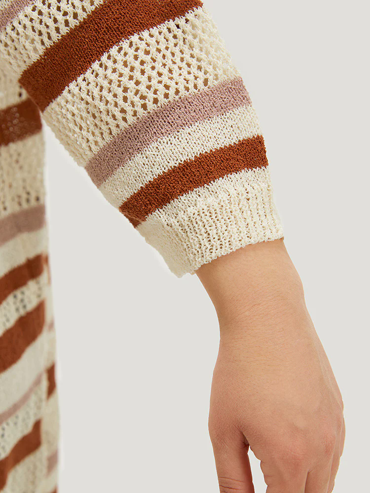 Striped Hollow Out Open Front Split Hem Cardigan