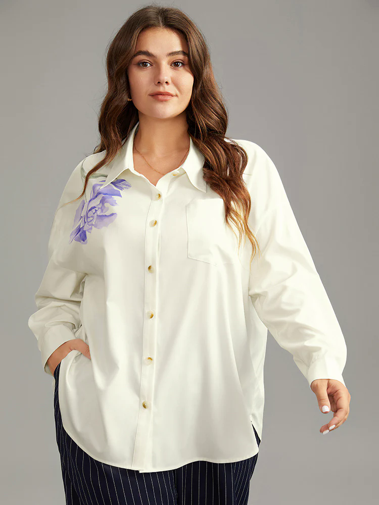 Shirt Collar Floral Print Patched Pocket Blouse Shirt Collar Floral Print Patched Pocket Blouse