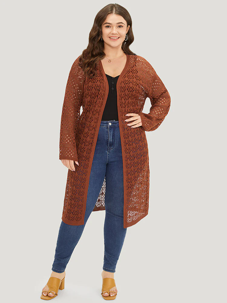 Plain Hollow Out Split Side Maxi Cardigan