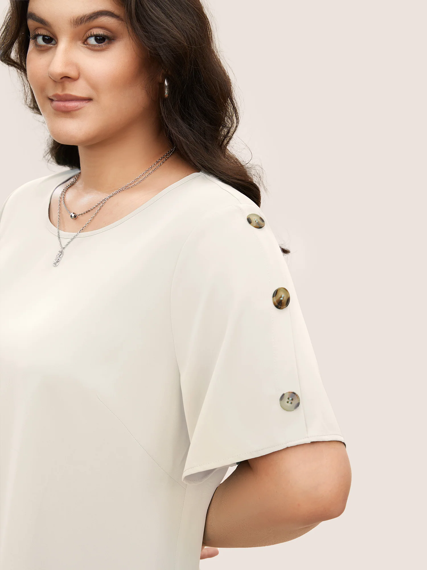 Plain Round Neck Button Detail Blouse