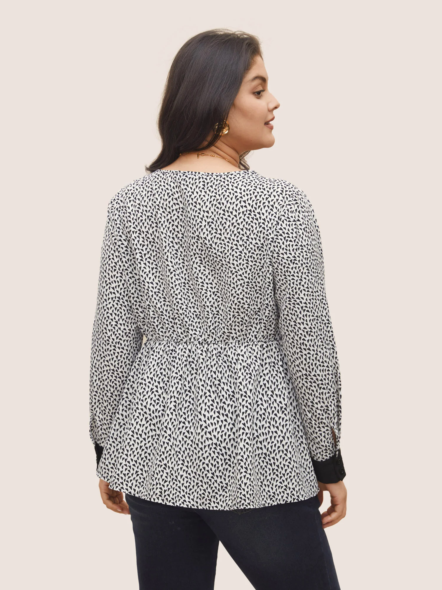 Heart Print Bowknot Elastic Waist Blouse