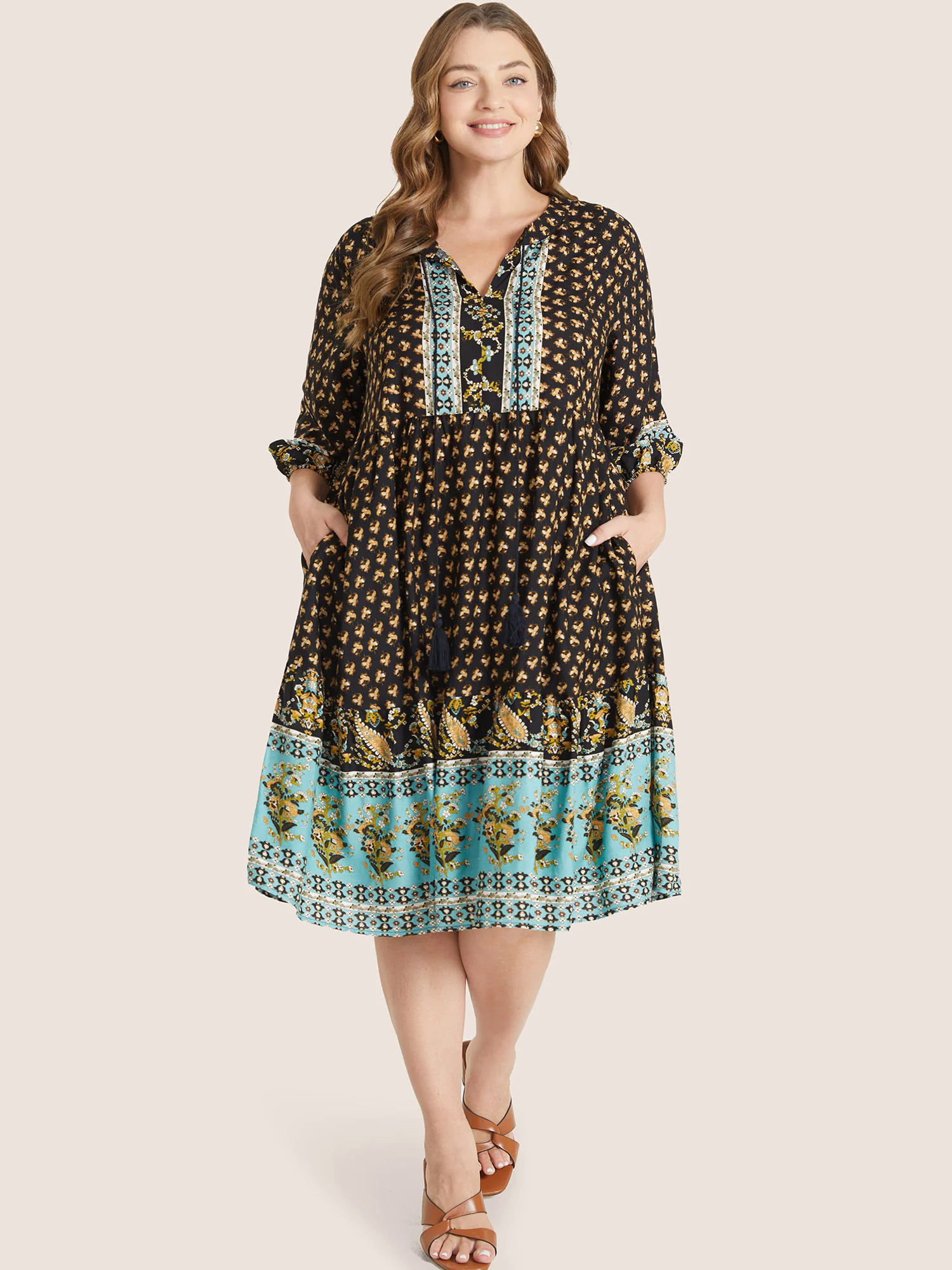 Bandana Tassels Lantern Sleeve Ruffle Pocket Keyhole Neck Dress Bandana Tassels Lantern Sleeve Ruffle Pocket Keyhole Neck Dress