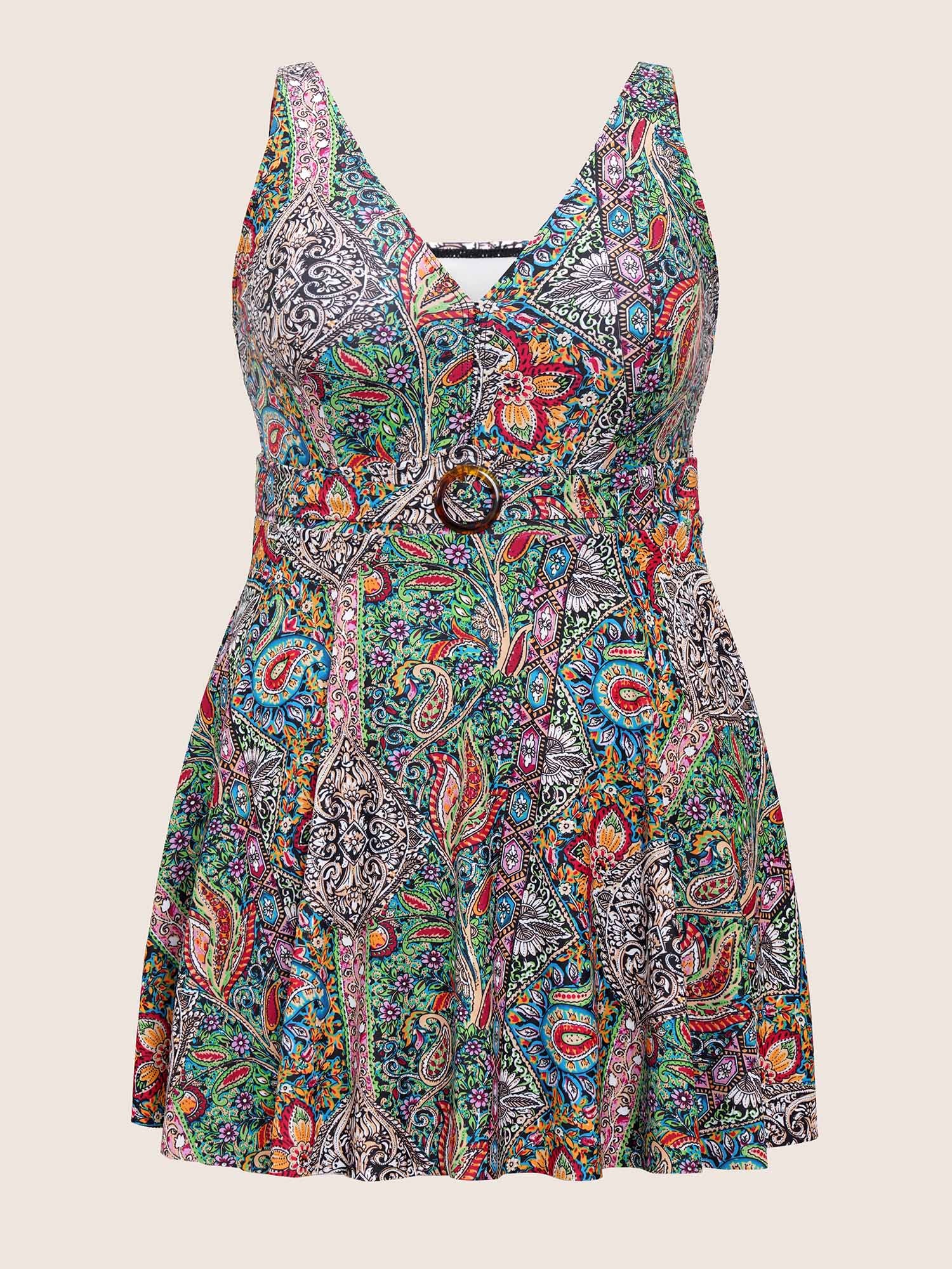 Bandana Print Buckle Detail Gathered Swim Dress