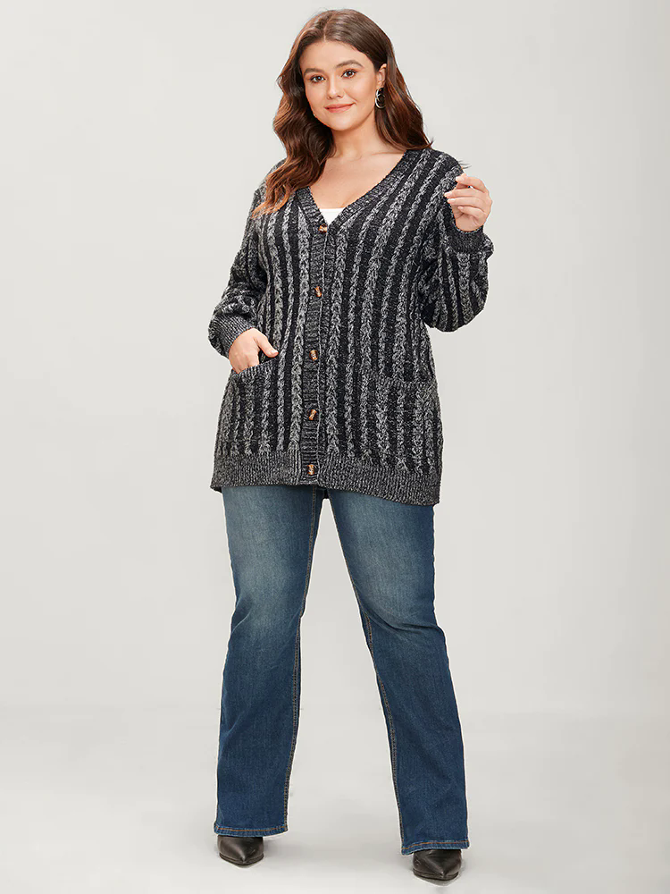 Striped Contrast Pointelle Knit Pocket Button Front Heather Cardigan Striped Contrast Pointelle Knit Pocket Button Front Heather Cardigan