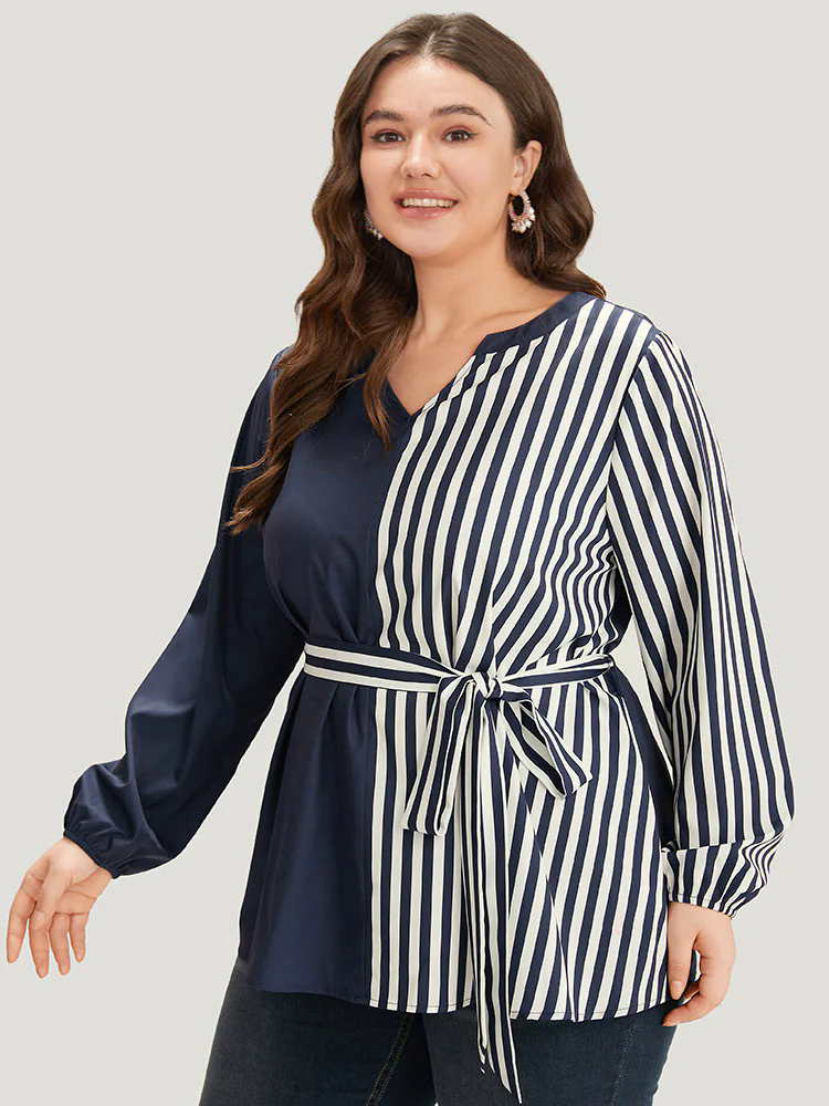 Striped Patchwork Notched Belted Lantern Sleeve Blouse Striped Patchwork Notched Belted Lantern Sleeve Blouse