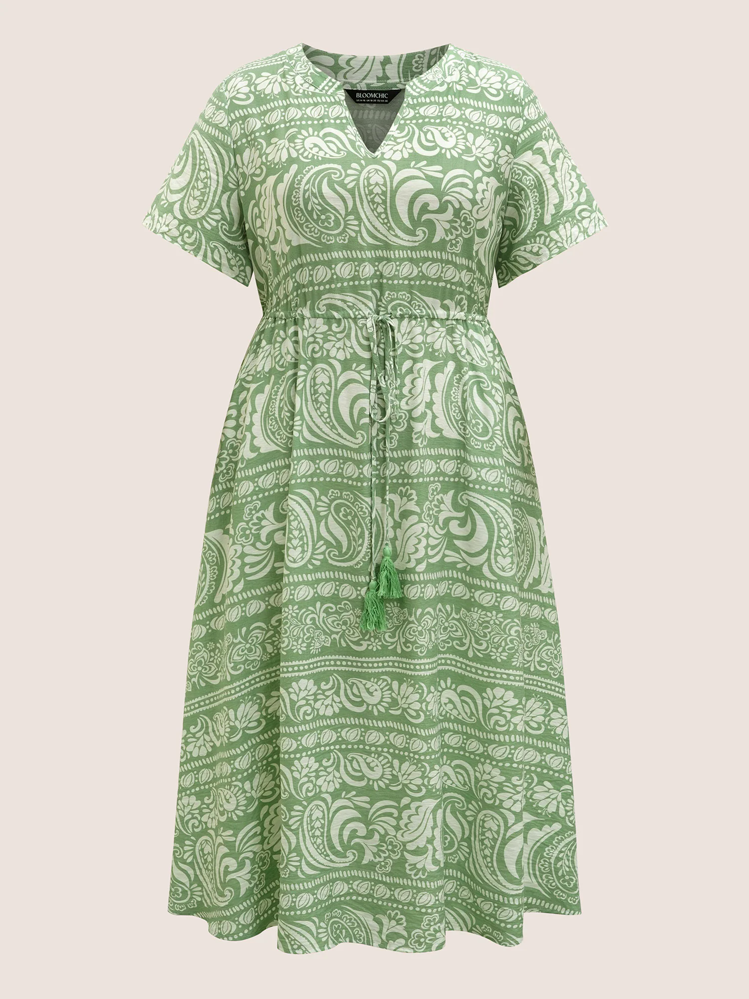 Boho Print Drawstring Tassels Midi Dress