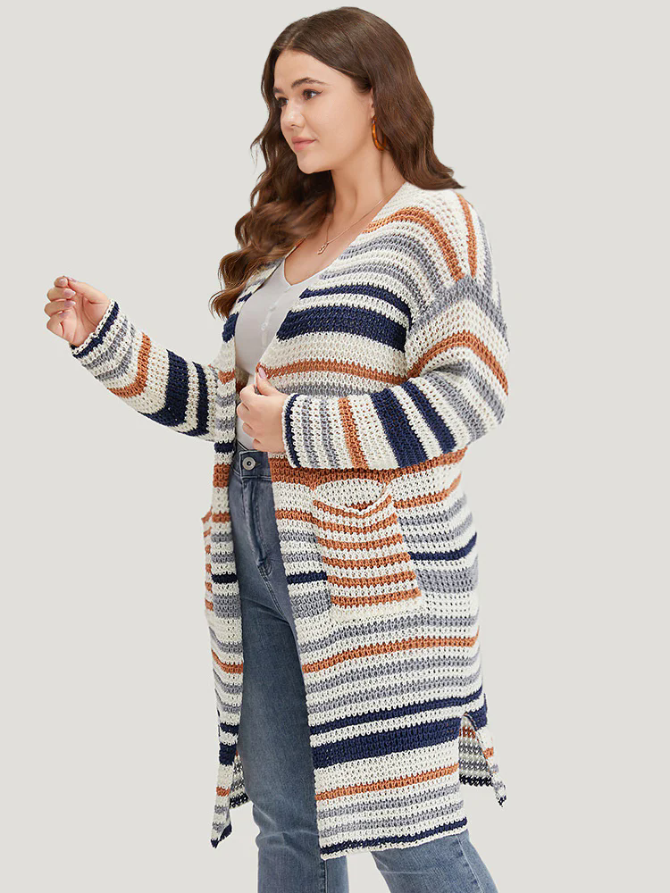 Contrast Striped Patched Pocket Split Side Cardigan Contrast Striped Patched Pocket Split Side Cardigan