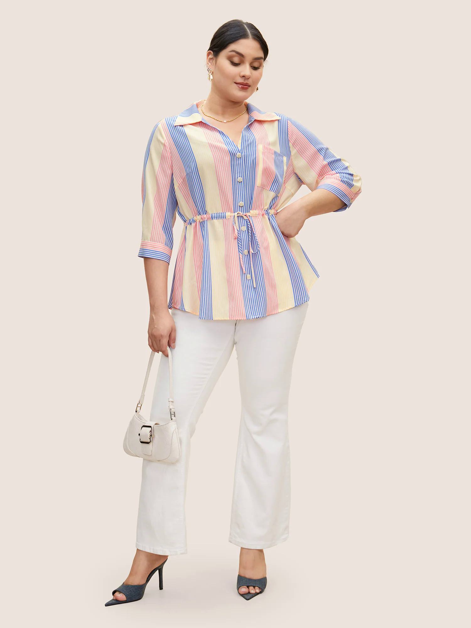 Contrast Striped Drawstring Patched Pocket Blouse Contrast Striped Drawstring Patched Pocket Blouse