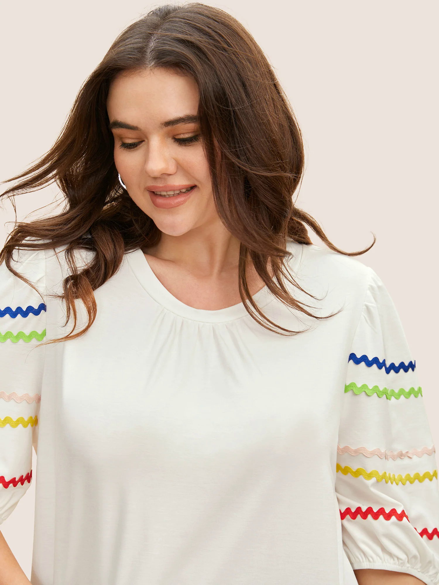 Round Neck Contrast Webbing Lantern Sleeve T-shirt Round Neck Contrast Webbing Lantern Sleeve T-shirt