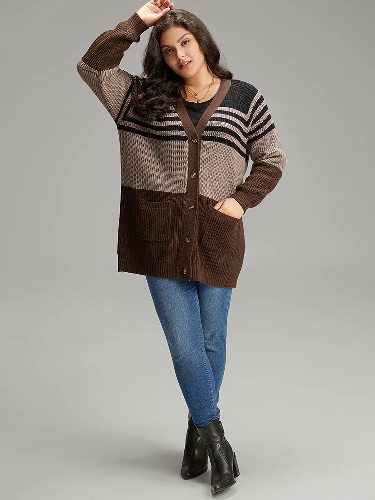 Striped Colorblock Patched Pocket Cardigan Striped Colorblock Patched Pocket Cardigan