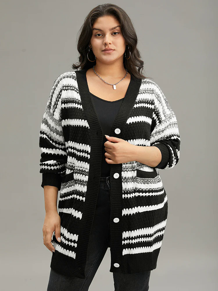 Striped Patched Pocket Button Up Cardigan Striped Patched Pocket Button Up Cardigan