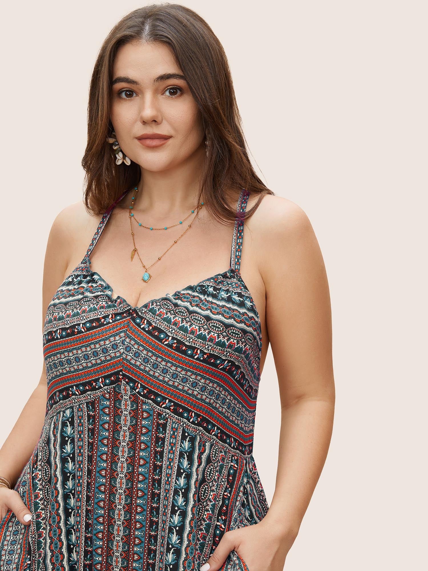 Boho Print Elastic Waist Split Hem Cami Dress