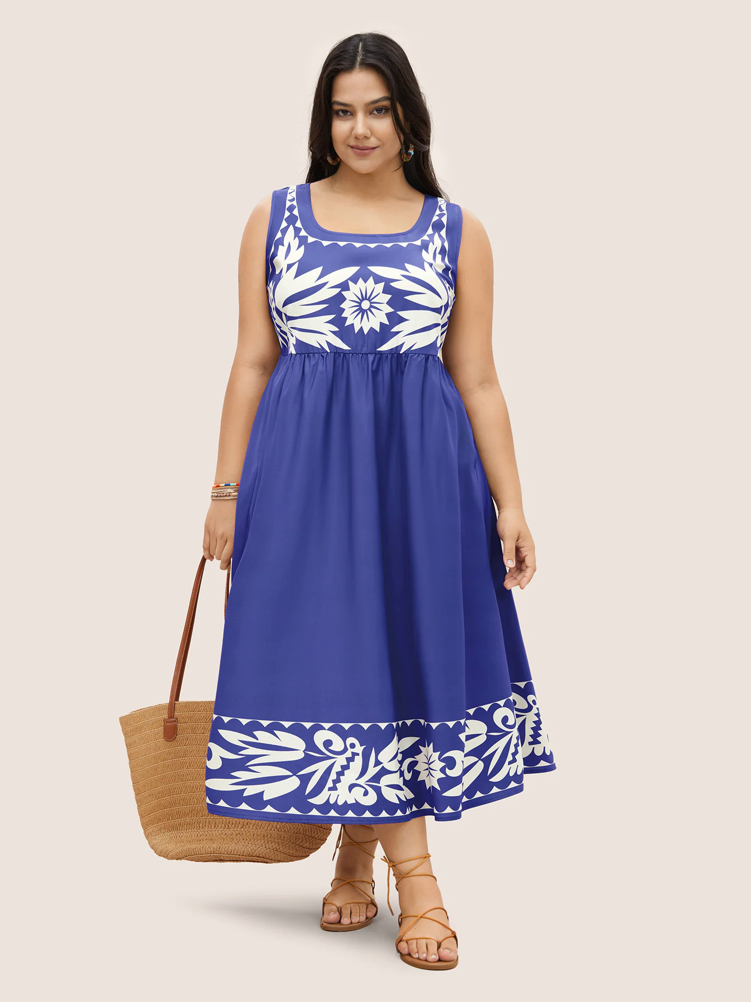 Boho Print Square Neck Elastic Waist Tank Dress Boho Print Square Neck Elastic Waist Tank Dress