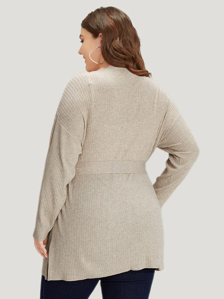 Plain Belted Patched Pocket Split Side Cardigan Plain Belted Patched Pocket Split Side Cardigan