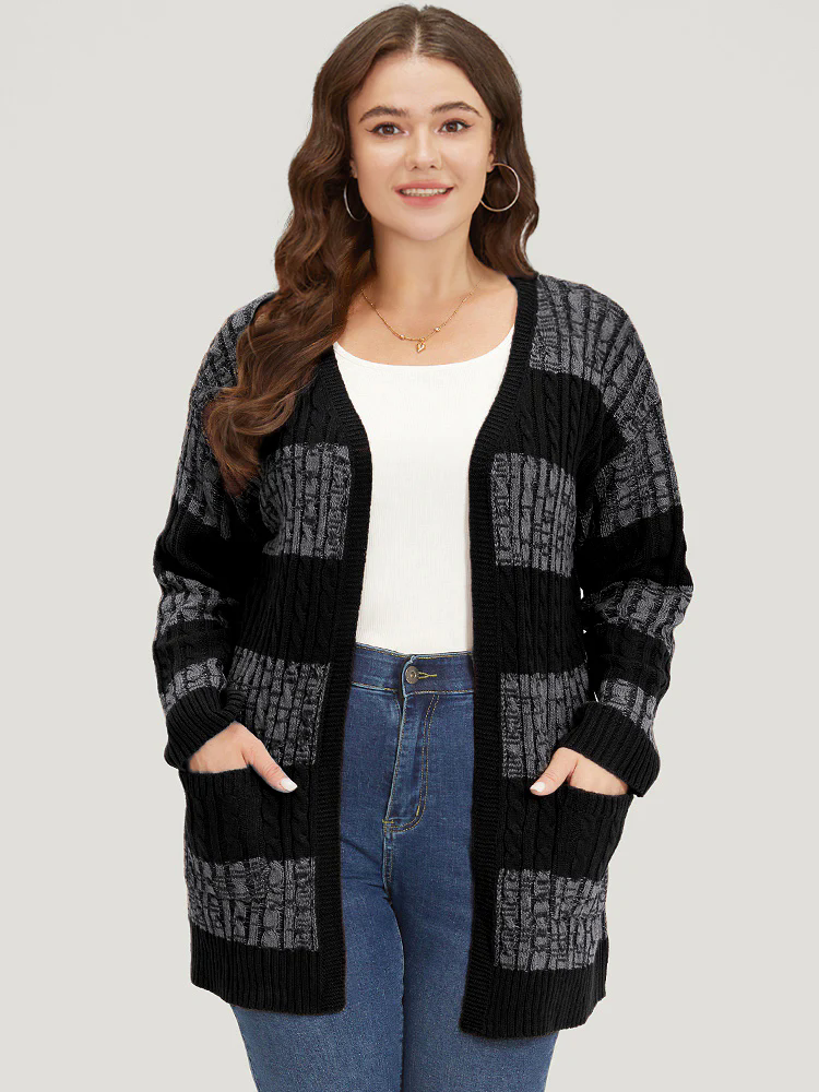 Halloween Colorblock Cable Knit Patched Pocket Cardigan Halloween Colorblock Cable Knit Patched Pocket Cardigan