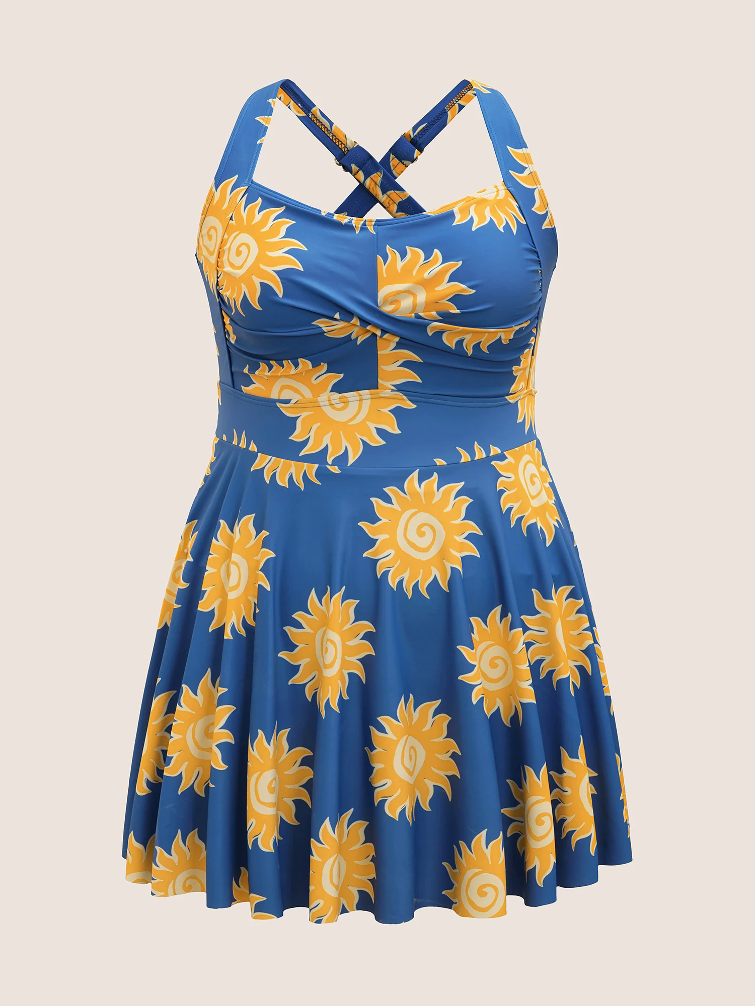 Heart Neckline Sun Print Crossover Swim Dress Heart Neckline Sun Print Crossover Swim Dress