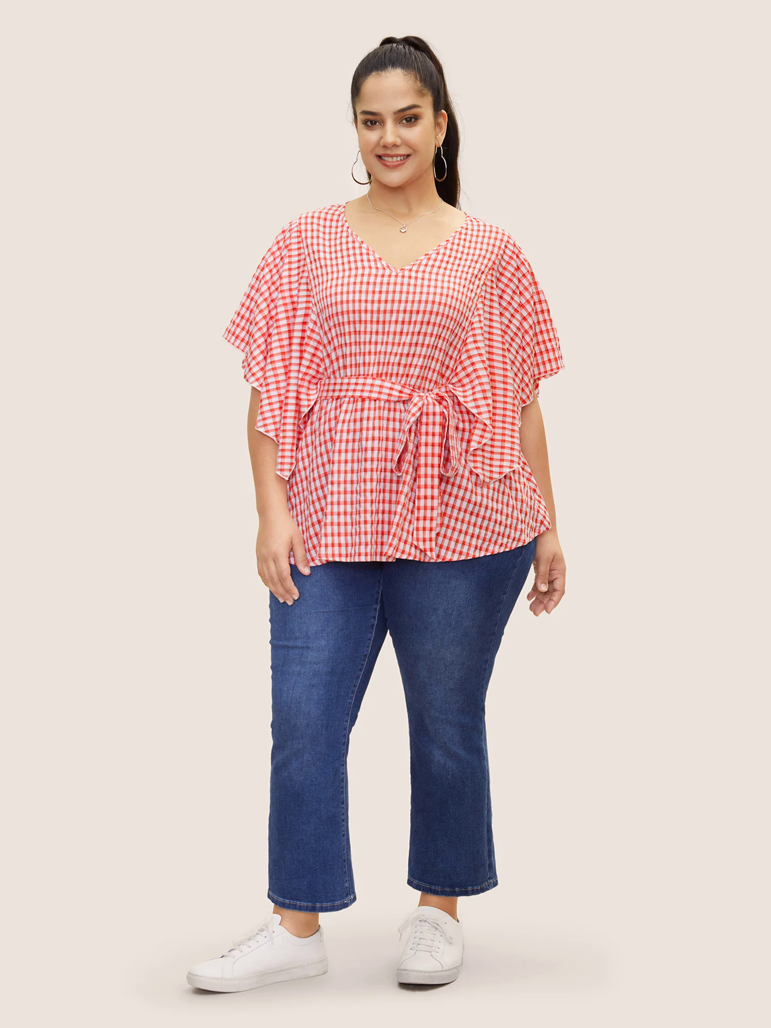 V Neck Gingham Tie Knot Ruffles Blouse V Neck Gingham Tie Knot Ruffles Blouse
