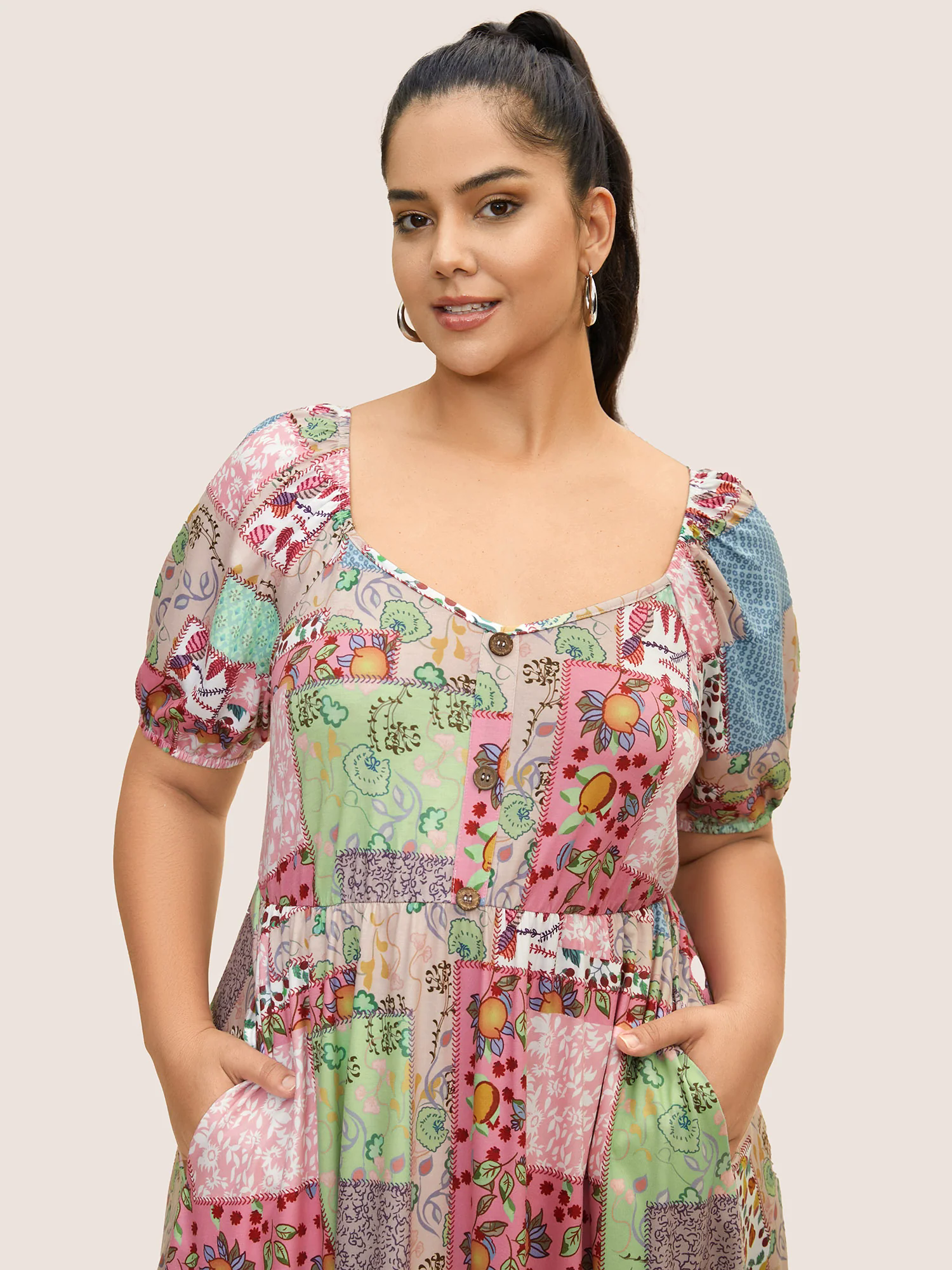 Patchwork Boho Print Raglan Sleeve Midi Dress