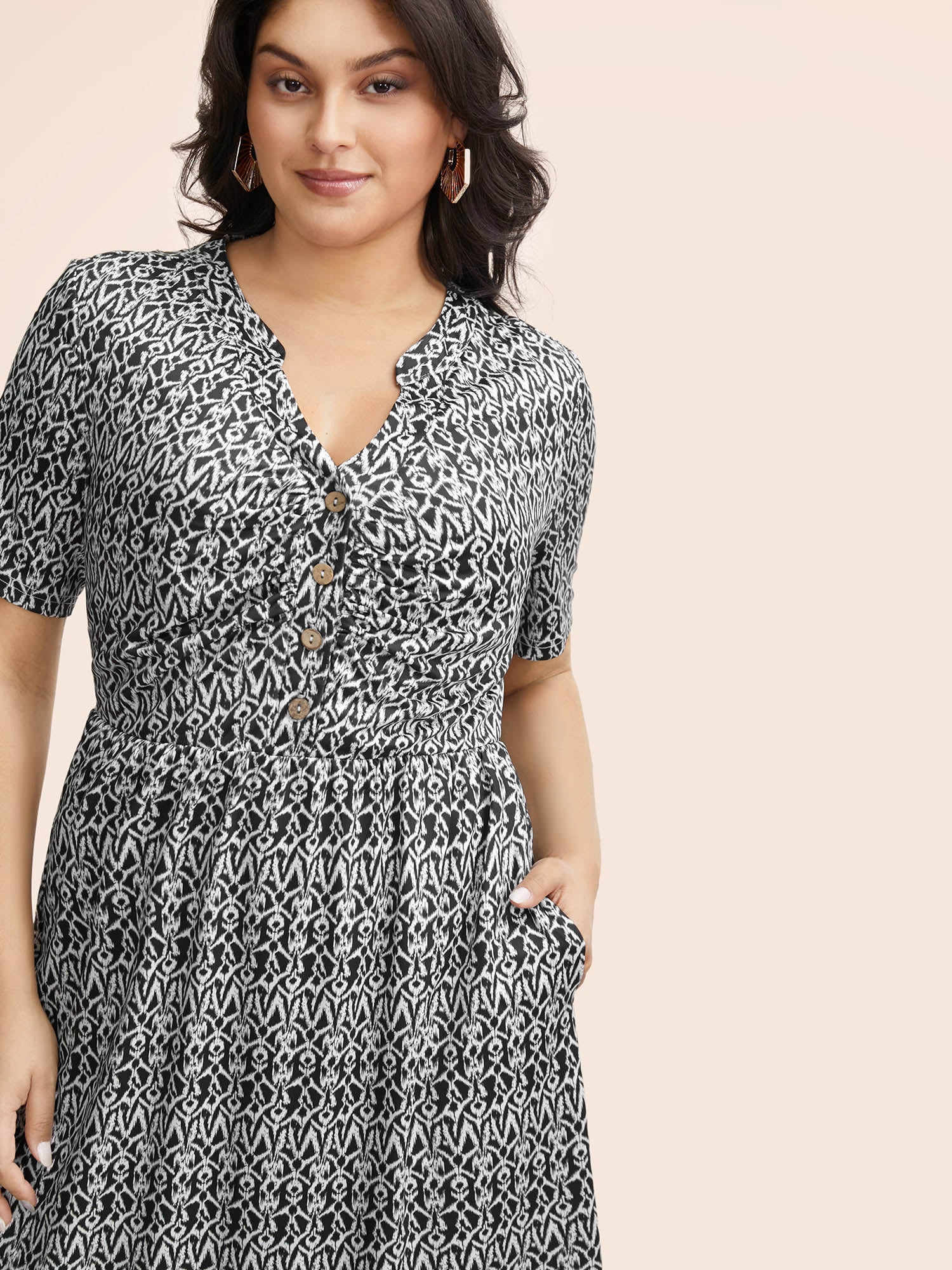 Boho Print Notched Collar Ruched Dress Boho Print Notched Collar Ruched Dress