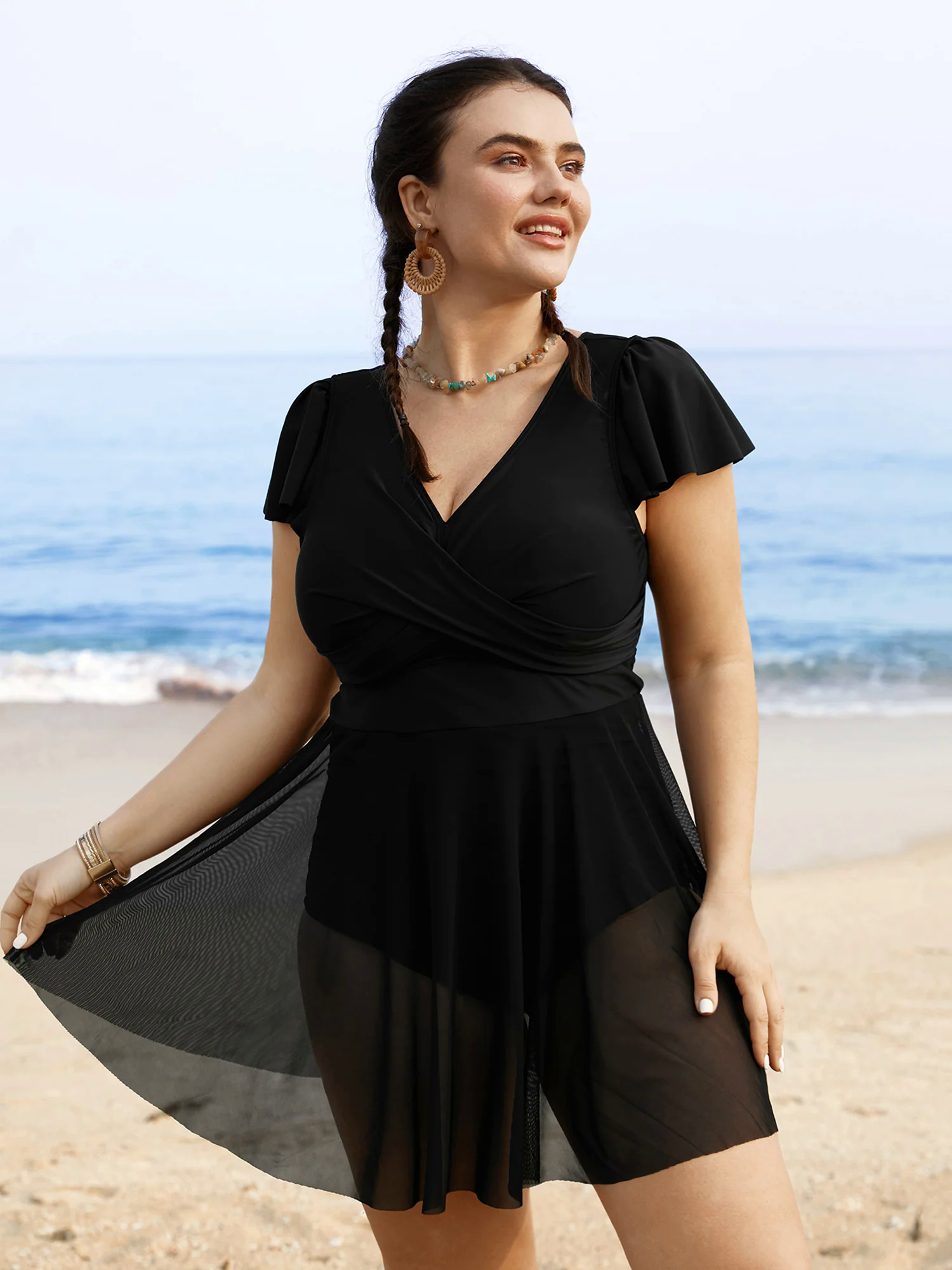 Solid Ruffles Gathered See Through Swim Dress Solid Ruffles Gathered See Through Swim Dress