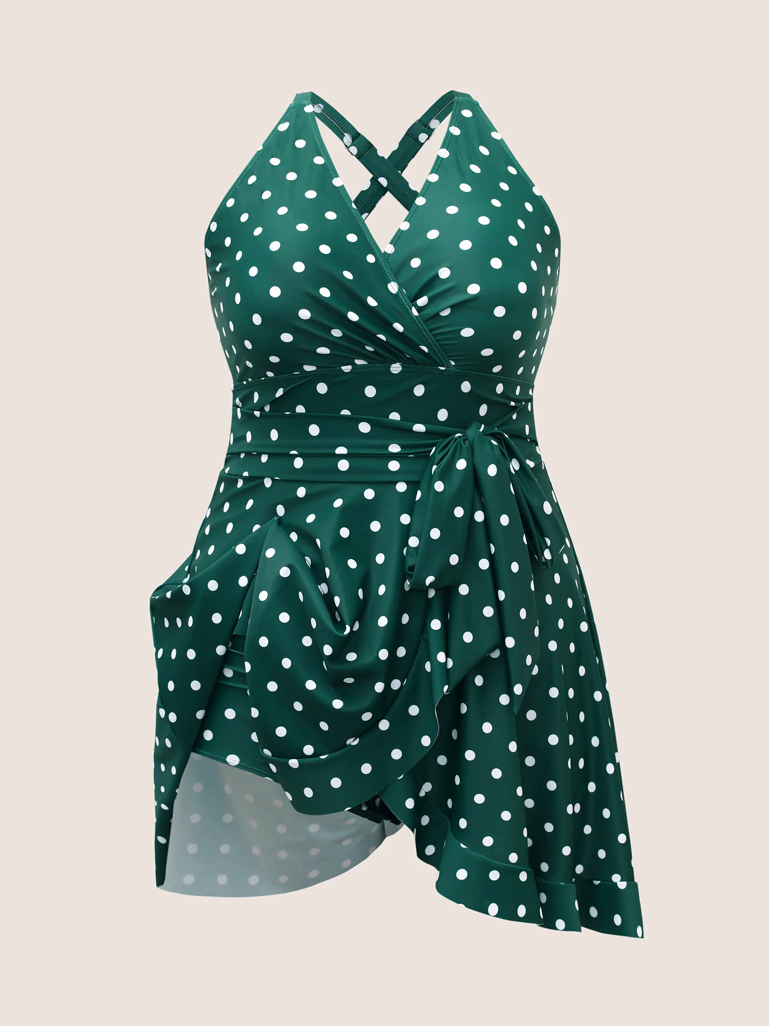 Overlap Collar Polka Dot Tie Knot Ruffles Swim Dress