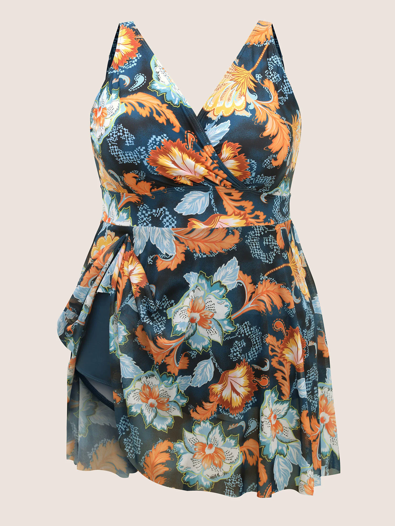 Overlap Collar Contrast Floral Mesh Swim Dress Overlap Collar Contrast Floral Mesh Swim Dress
