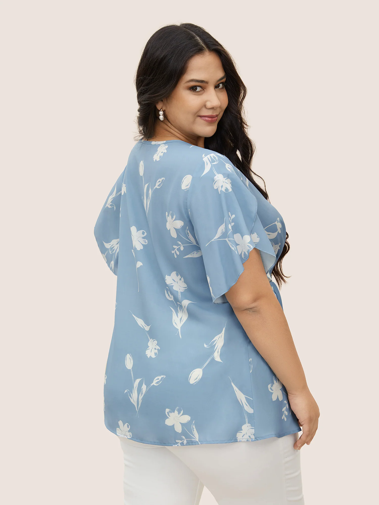 Floral Tie Knot Petal Sleeve Blouse Floral Tie Knot Petal Sleeve Blouse