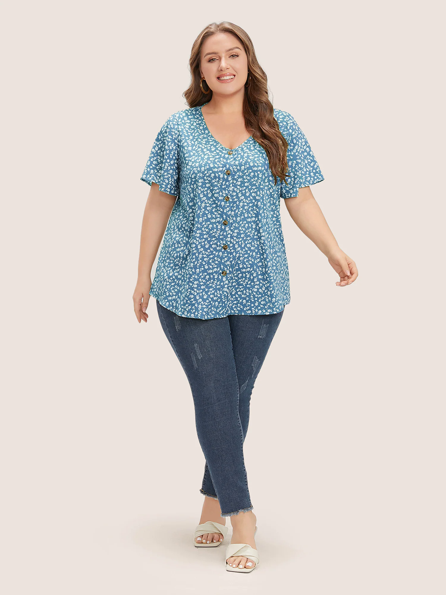 Ditsy Floral Ruffle Sleeve Button Detail Blouse Ditsy Floral Ruffle Sleeve Button Detail Blouse