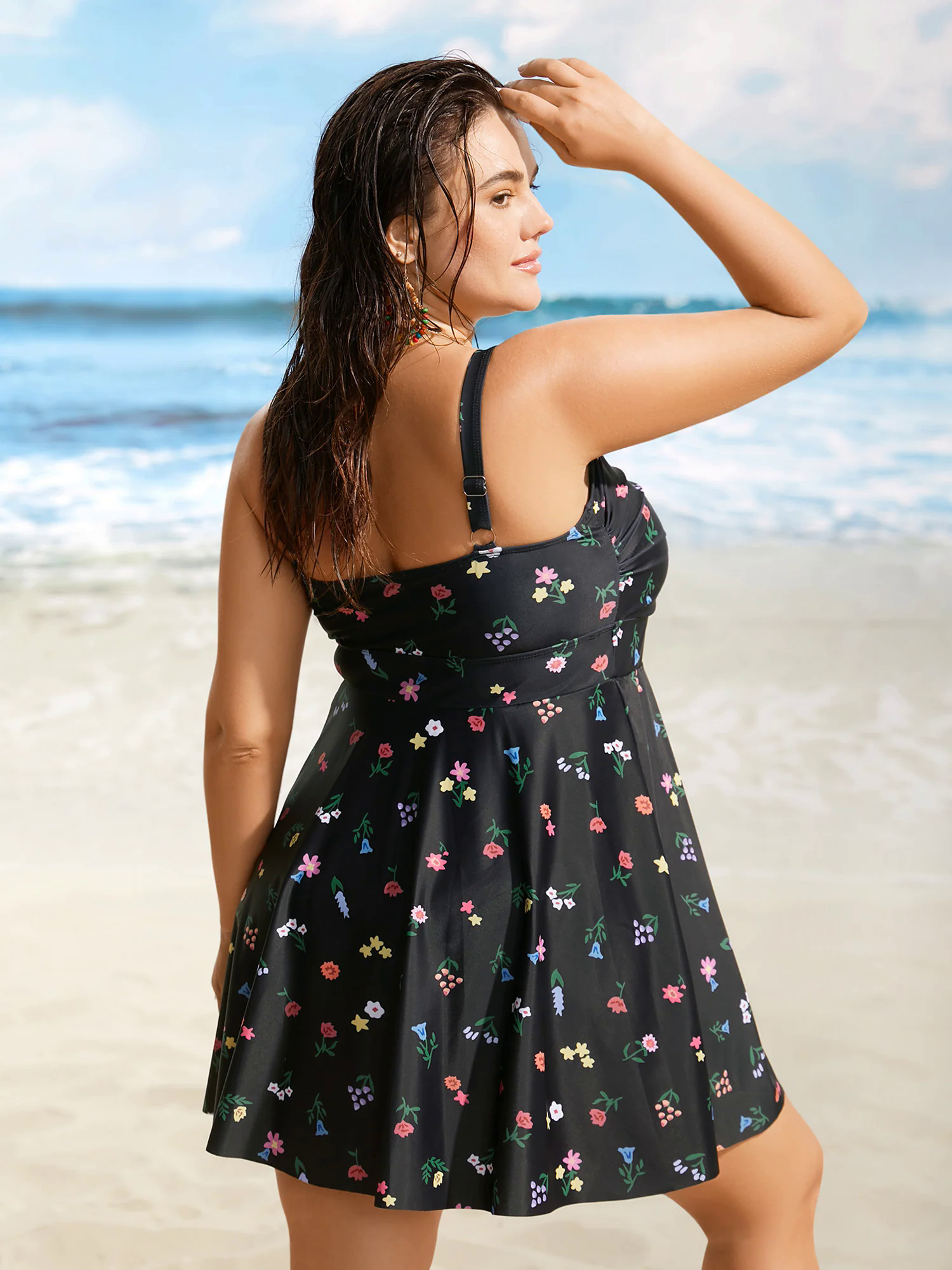 Heart Neckline Floral Twist Front Swim Dress Heart Neckline Floral Twist Front Swim Dress