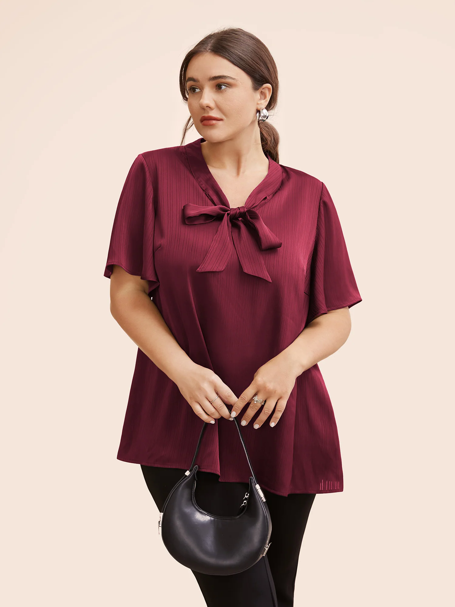 Plain Knot Neck Ruffle Sleeve Blouse Plain Knot Neck Ruffle Sleeve Blouse