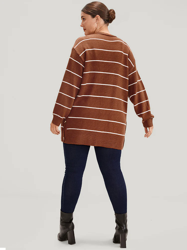 Striped Pointelle Knit Button Side Pocket Open Front Cardigan