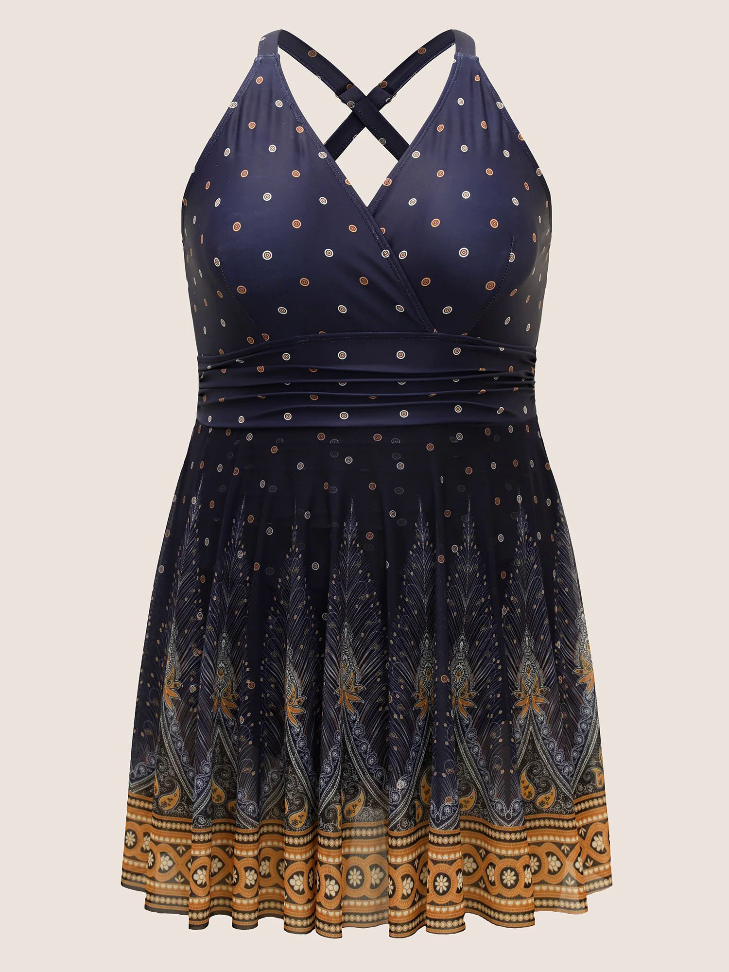 Boho Print Overlap Collar Mesh Crisscross Swim Dress Boho Print Overlap Collar Mesh Crisscross Swim Dress