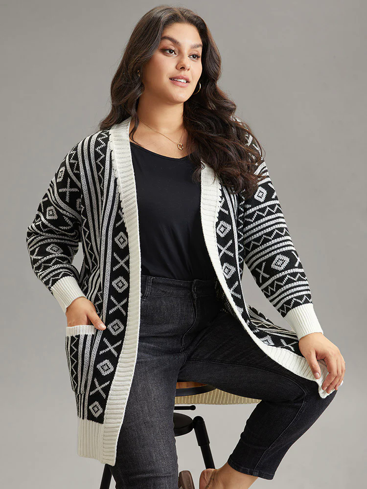 Geometric Bandana Contrast Pocket Cardigan Geometric Bandana Contrast Pocket Cardigan