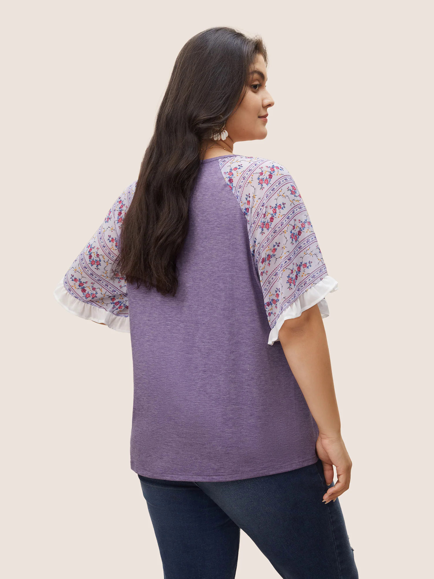 Ditsy Floral Patchwork Frill Trim Raglan Sleeve T-shirt