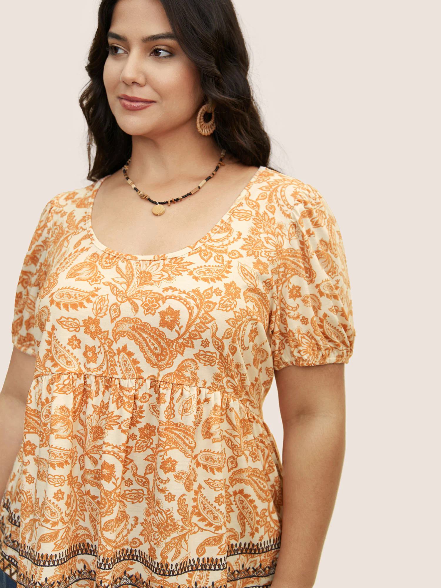 Boho Print Contrast Puff Sleeve T-shirt Boho Print Contrast Puff Sleeve T-shirt
