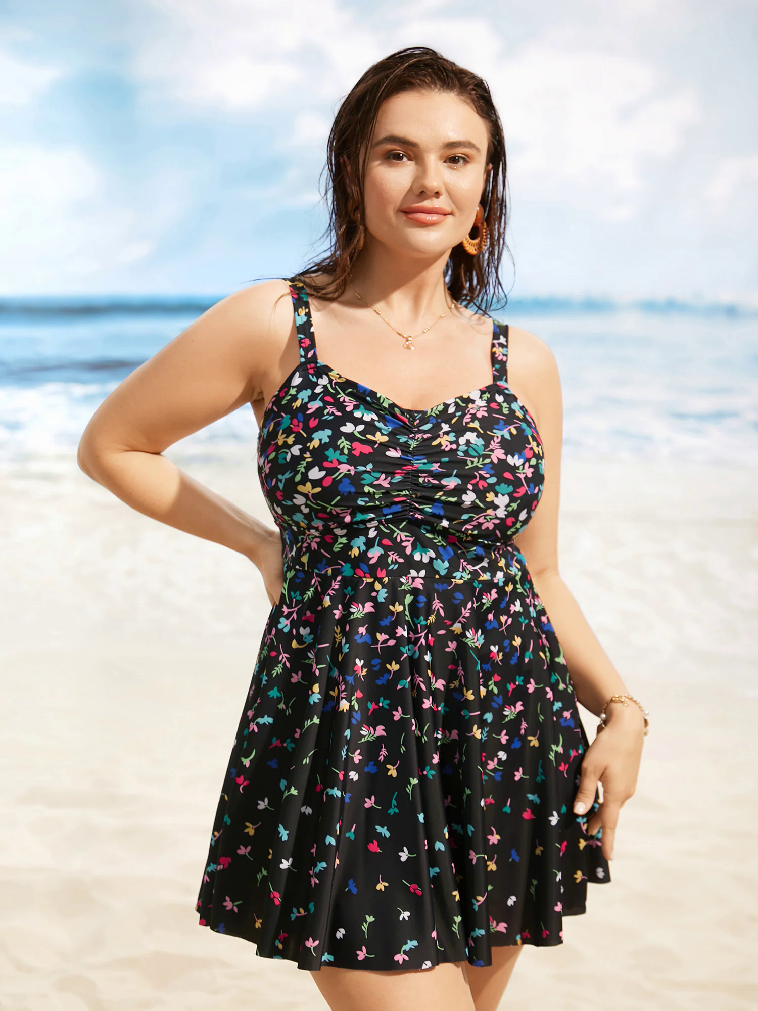 Contrast Floral Heart Neckline Ruched Swim Dress