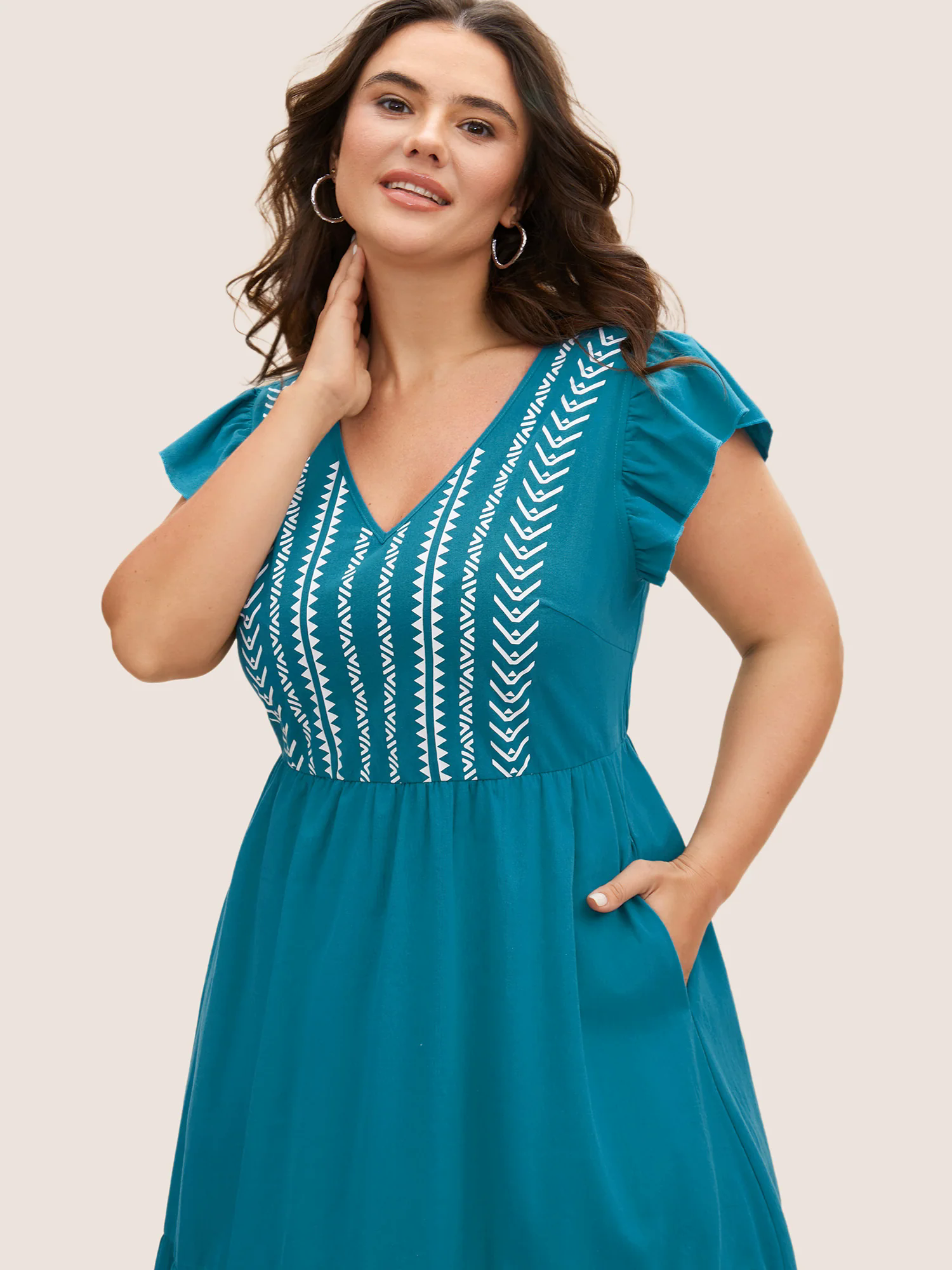 Cotton Bandana Geometric Ruffle Cap Sleeve Midi Dress Cotton Bandana Geometric Ruffle Cap Sleeve Midi Dress
