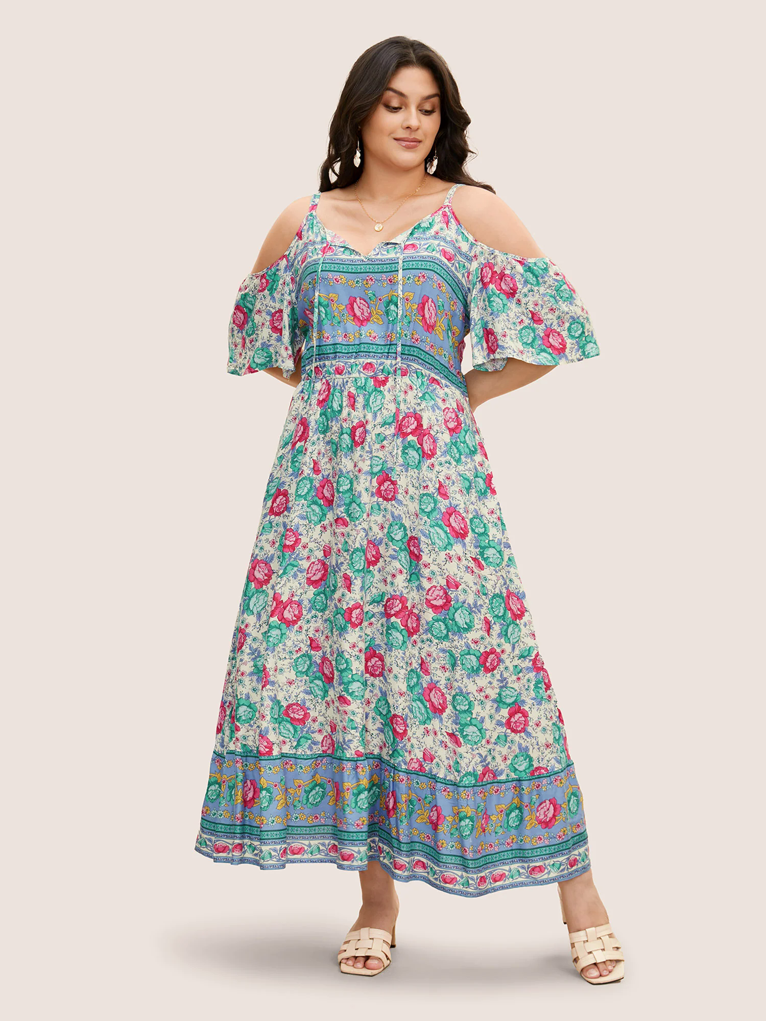 Floral Print Pocket Keyhole Ruffles Cold Shoulder Maxi Dress Floral Print Pocket Keyhole Ruffles Cold Shoulder Maxi Dress