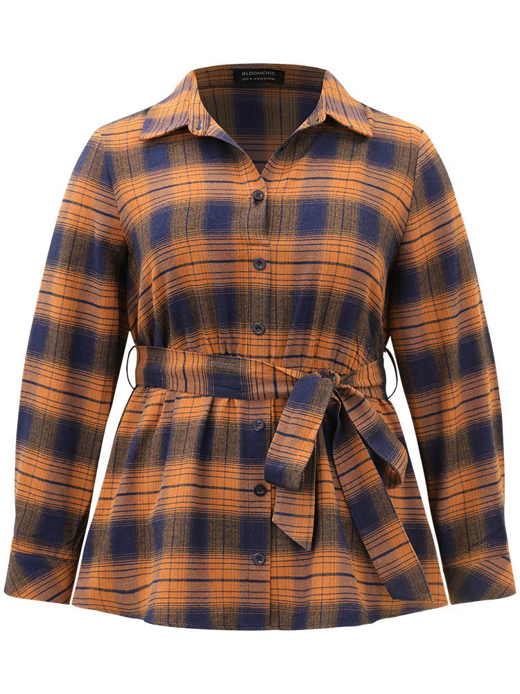 Plaid Elastic Waist Shirt Collar Blouse Plaid Elastic Waist Shirt Collar Blouse