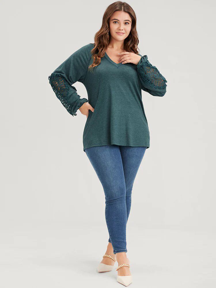 Solid Cut Out Eyelet Lace Long Tee