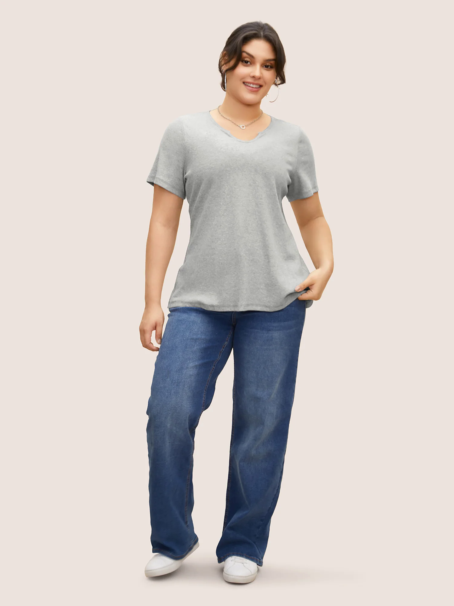 Cotton Notched Collar Solid Pit Strip T-shirt Cotton Notched Collar Solid Pit Strip T-shirt