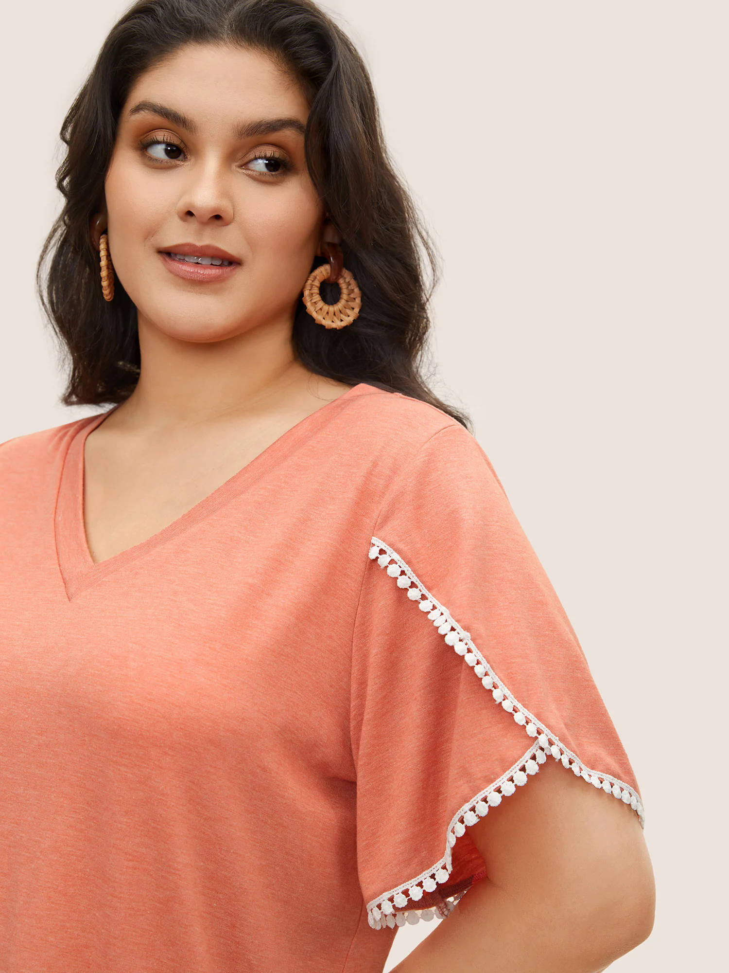 Plain Pompom Trim Petal Sleeve T-shirt Plain Pompom Trim Petal Sleeve T-shirt