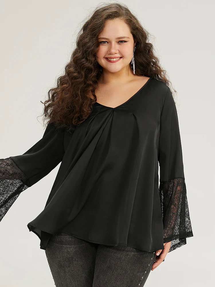Halloween Lace Patchwork Ties Bell Sleeve Blouse Halloween Lace Patchwork Ties Bell Sleeve Blouse