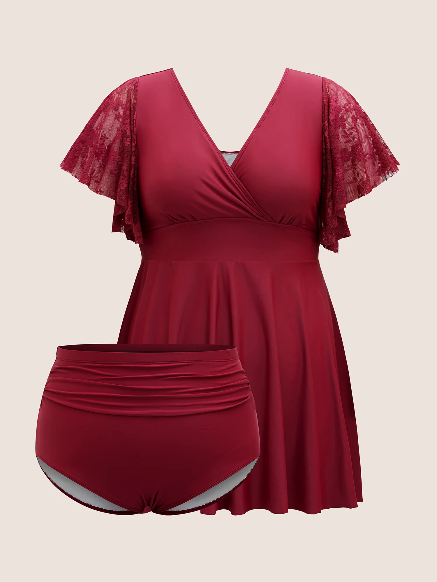 Solid Overlap Collar Lace Patchwork Gathered Swim Dress Solid Overlap Collar Lace Patchwork Gathered Swim Dress