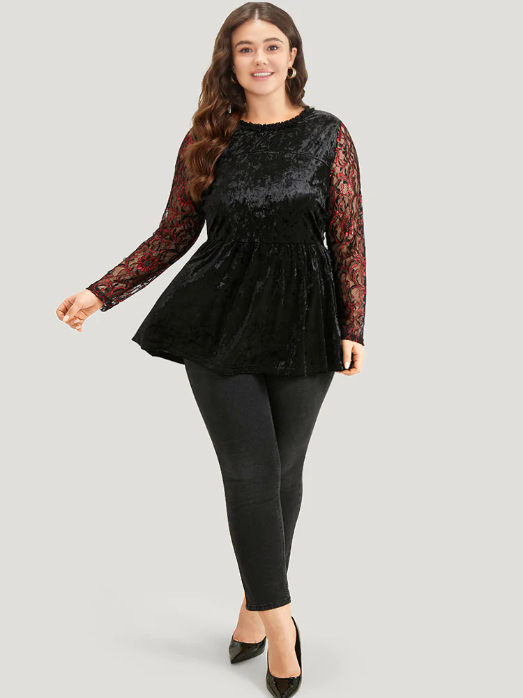 Halloween Lace Patchwork Contrast Cut Out Blouse Halloween Lace Patchwork Contrast Cut Out Blouse