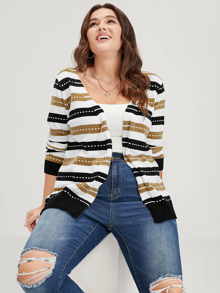 Striped Contrast Pointelle Knit Jacquard Open Front Cardigan Striped Contrast Pointelle Knit Jacquard Open Front Cardigan